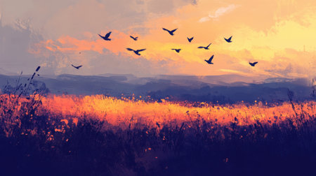Birds migrating south at dusk, flying over fields of golden plants as the sky shifts to twilight, embodying the transition between seasons.の素材