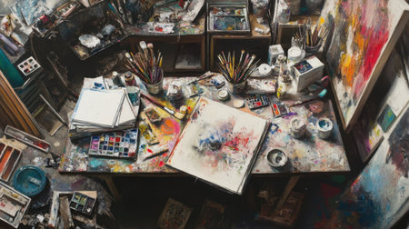 Birds-eye view of a cluttered artist desk, with scattered paints, brushes, and sketchbooks, capturing the essence of creativity in actionの素材