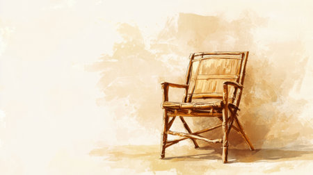 Bamboo chair seen from a low angle, emphasizing its natural textures and warm, golden hues, rendered in a delicate watercolor styleの素材