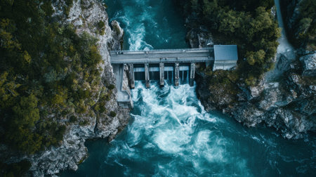 Aerial view of a hydroelectric power plant, water rushing through turbines with the surrounding landscape, emphasizing renewable energyの素材