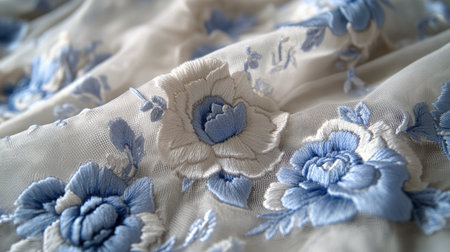 Delicately embroidered floral patterns on fabric, designed with a soft and elegant color palette, showcasing artistic craftsmanship and intricate detail.の素材