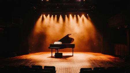 Soft, warm spotlight on an elegant stage with dramatic shadows, emphasizing an intimate mood in a setup ideal for a refined, cozy performance.の素材