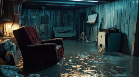 Flooded basement with furniture floating and muddy water filling the room, a sump pump working tirelessly in the corner, displaying heavy water damage.の素材
