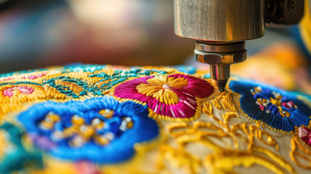 Embroidery machine at work, threading vibrant fabric with intricate designs, highlighting the craftsmanship involved in traditional textile arts.の素材