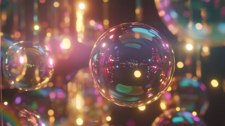 Glowing rainbow-colored bubbles float in a dark space, creating a playful and whimsical atmosphere, with light reflections highlighting their vibrant glow.の素材