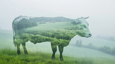 Double exposure of cattle on a green pasture and rising methane emissions, highlighting the agricultural contribution to greenhouse gases.の素材