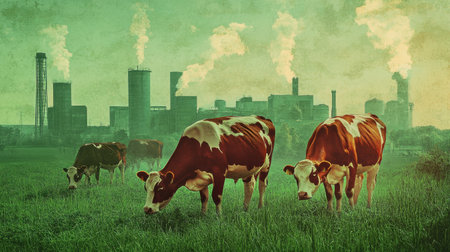 Double exposure of cattle on a green pasture and rising methane emissions, highlighting the agricultural contribution to greenhouse gases.の素材
