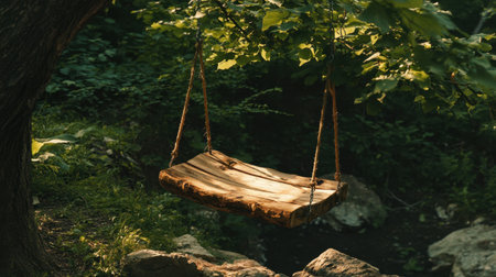 High-angle view of a wooden swing made of oak, hanging from a tree branch, surrounded by nature, evoking childhood nostalgia and peaceful outdoor moments.の素材