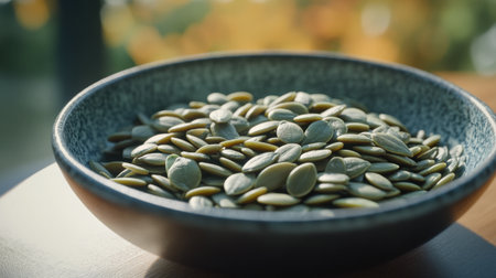 Organic pumpkin seeds in a ceramic dish, captured in a clean, minimalist style with a focus on natural textures and soft lighting.の素材