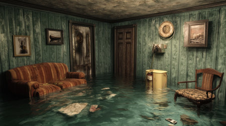 Submerged basement showing extensive water damage to furniture and flooring, with a visible sump pump trying to prevent further flooding.の素材
