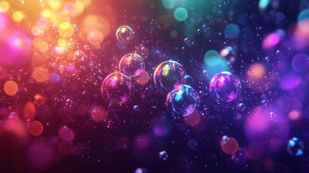Glowing rainbow bubbles in a dark space, capturing a sense of playful joy and wonder as the colors reflect and swirl in the dim light.の素材