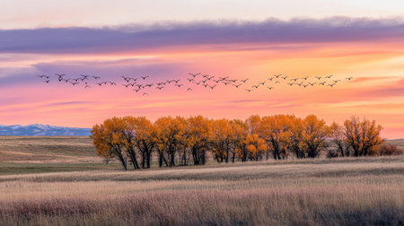 The sky at dusk, with a flock of migratory birds flying south over golden fields, symbolizing the changing seasons as warm autumn hues fill the landscape.の素材