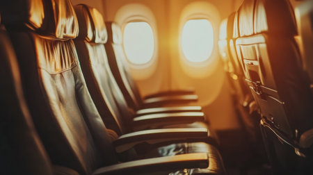 Economy class airplane seats empty, with sunlight illuminating the space from a window, creating a serene moment in air travel.の素材