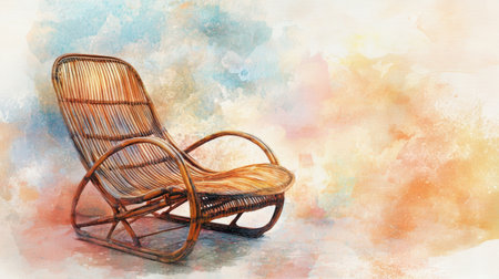 Low-angle perspective of a handcrafted bamboo chair, with warm, earthy tones and intricate textures captured in a soft watercolor style.の素材