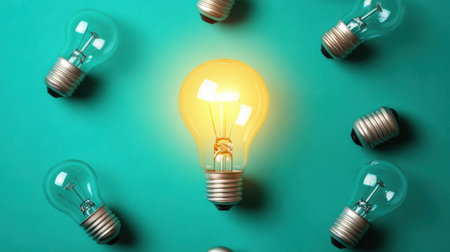 A captivating image of a glowing lightbulb surrounded by several unlit bulbs on a vibrant green background, symbolizing innovation and bright ideasの素材