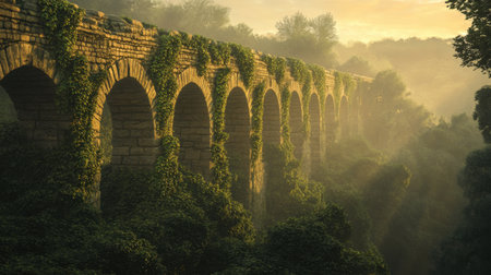 Ivy-covered stone aqueduct, viewed from below at sunrise, bathed in soft light that enhances the texture of the ancient structure and historical ambiance.の素材