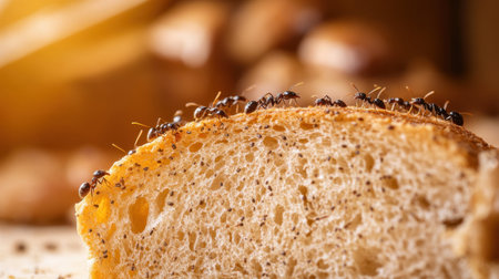 Tiny ants on a slice of bread left out in a kitchen, a strong reminder of food safety practices and pest prevention.の素材