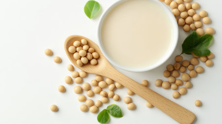 A clean and minimalistic representation of soy milk in a spoon, isolated on a white background, accompanied by whole soybeans, showcasing its natural essence.の素材
