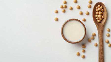 A clean and minimalistic representation of soy milk in a spoon, isolated on a white background, accompanied by whole soybeans, showcasing its natural essence.の素材