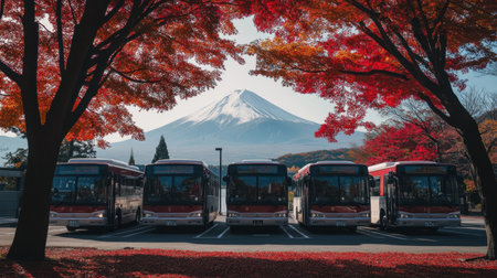 A charming image of a line of tour buses parked with the magnificent Mount Fuji in the background, framed by striking red autumn leaves, perfect for travel enthusiasts.の素材