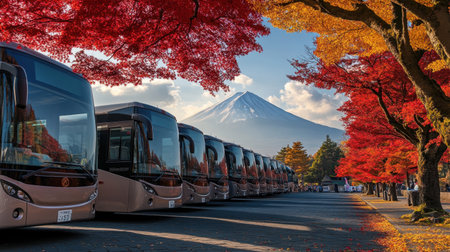 A picturesque row of tour buses parked, framed by vibrant red autumn leaves and the majestic Mount Fuji in the background, creating a stunning travel scene.の素材