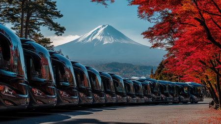 A picturesque row of tour buses parked, framed by vibrant red autumn leaves and the majestic Mount Fuji in the background, creating a stunning travel scene.の素材