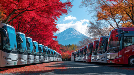 A serene scene of tour buses parked under a canopy of red autumn leaves, with Mount Fuji majestically rising in the background, showcasing the beauty of Japan.の素材