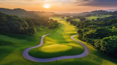 A scenic golf course at sunrise, with a set of golf clubs in the foreground and a winding path leading through the lush, green landscape.の素材