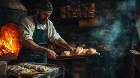 A traditional baker using a long-handled paddle to place loaves of bread into a glowing brick oven, evoking the warmth and craftsmanship of a rustic bakery.の素材