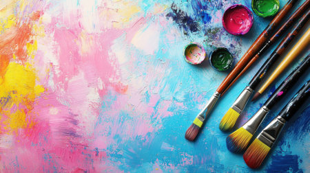 A vibrant abstract background showcasing splashes of color alongside art supplies, creating a lively atmosphere suitable for an art studio or creative space.の素材