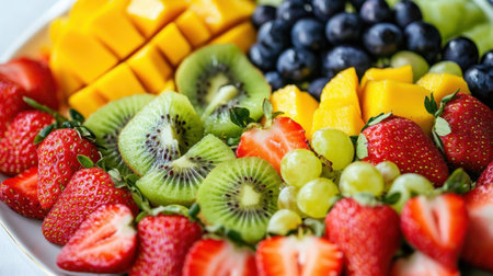 A vibrant fruit platter artfully arranged with fresh strawberries, kiwi, mango, and grapes, showcasing a colorful array of healthy delights against a bright backdropの素材
