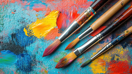 A striking abstract background filled with vibrant splashes of color and various art tools, perfect for promoting creativity in an artistic environment.の素材