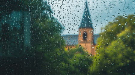 A tranquil shot of a window covered in raindrops, with a blurred scene of a church and lush trees in the background, emphasizing the soothing nature of rain.の素材
