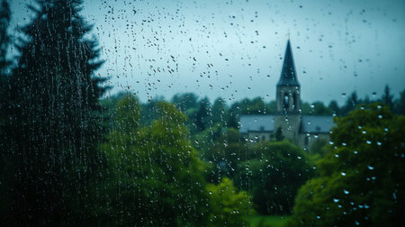 A tranquil shot of a window covered in raindrops, with a blurred scene of a church and lush trees in the background, emphasizing the soothing nature of rain.の素材