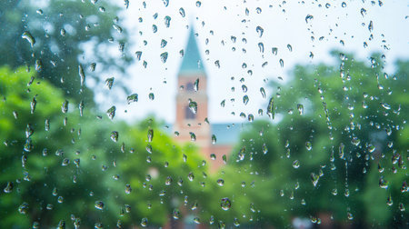 A tranquil shot of a window covered in raindrops, with a blurred scene of a church and lush trees in the background, emphasizing the soothing nature of rain.の素材
