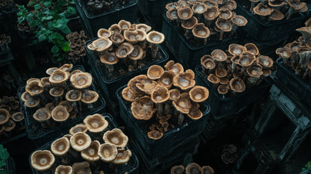 A striking aerial view of a mushroom farm, showcasing dark growing houses amidst carefully organized rows of mushrooms, reflecting the beauty of organic cultivation.の素材