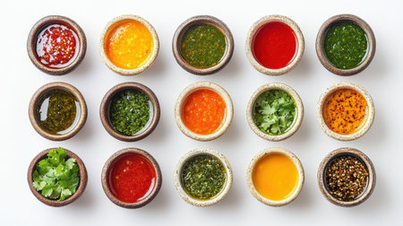 A top-down view of an assortment of colorful sauces, neatly arranged in rustic ceramic bowls, placed on a clean white surface, highlighting variety and freshness.の素材