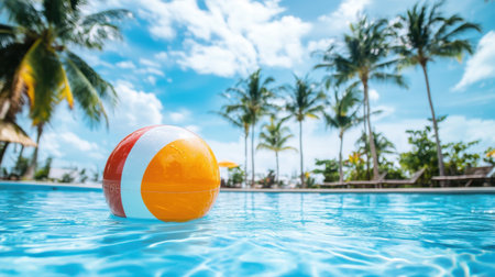 A vibrant beach ball drifting in a crystal-clear pool, framed by tropical palm trees and blue skies, capturing the essence of summer funの素材