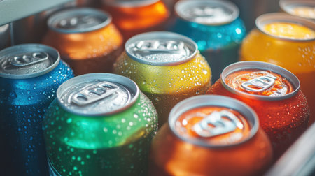 A variety of colorful soda cans neatly stacked in a cooler, droplets of condensation covering their surfaces, indicating they are chilled and ready to enjoy.の素材