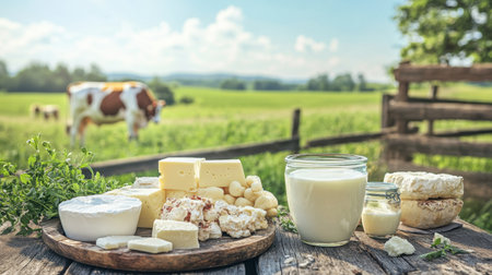 A variety of fresh dairy products placed on a rustic farm table, with a wooden fence and a cow grazing in the background under a bright blue sky.の素材