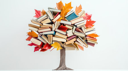 A whimsical tree made entirely of books, featuring colorful covers for leaves, set against a stark white background, emphasizing the beauty of literature and imaginationの素材