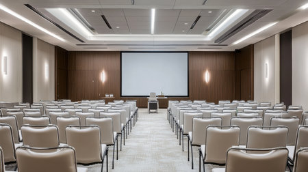 A well-organized medical conference room with a large presentation screen and rows of chairs set up for an engaging meeting, reflecting a modern and professional environment.の素材