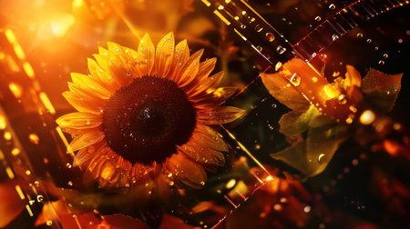 An artistic representation of a film strip with various nature scenes, highlighting sunflowers, dew drops, and sunsets, contrasted against a dark, glowing background.の素材