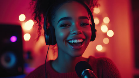 A cheerful girl hosts a podcast, speaking into a microphone with headphones on, recording from her home studio setup.の素材