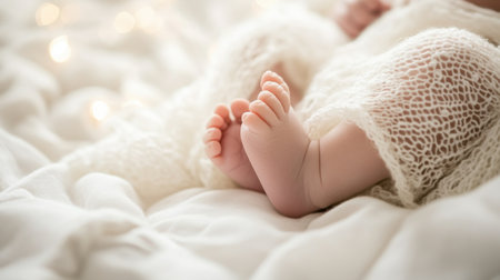 An intimate shot of newborn baby feet, softly illuminated and surrounded by a cozy white setting, creating a serene and heartwarming atmosphereの素材