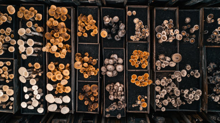 Aerial photography of a mushroom farm with dark growing houses and neatly arranged rows of organic mushrooms, depicting the systematic approach to fungi cultivationの素材