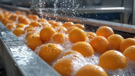 Fresh oranges being washed by water jets on a conveyor belt in a factory, the high-pressure cleaning system ensuring cleanliness and freshnessの素材