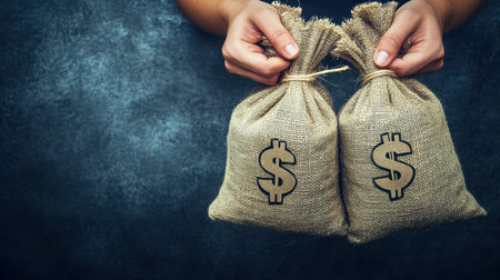 Focused image of hands holding burlap sacks marked with dollar signs, highlighting the concept of savings, with a shadowy, dark background for dramatic effect.の素材