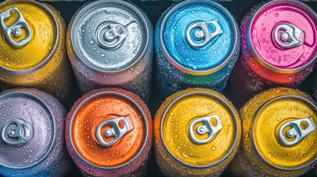 Brightly colored soda cans in a cooler, covered in condensation, creating a cold and refreshing feeling with the perfect summer vibe.の素材