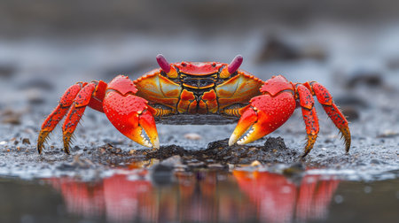 A close-up of a vibrant red crab in its coastal habitat, resting on the sandy beachの素材